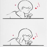 Illustration depicting two individuals lying down and engaged with their phones, possibly suggesting connection or affection in a digital age, symbolized by the hearts.