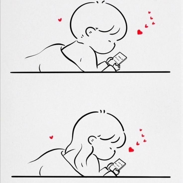 Illustration depicting two individuals lying down and engaged with their phones, possibly suggesting connection or affection in a digital age, symbolized by the hearts.