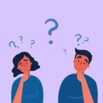 Male and female characters standing in thoughtful pose holding chin and question marks above their head. Quarrel, doubts or interest in relationship.