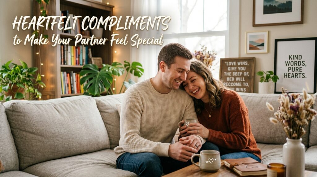 A cozy, warm-toned indoor scene of a happy young couple sitting together on a light gray sofa, sharing a sweet and laughing moment. The woman, wearing a rust-colored sweater, leans her head affectionately against the man's shoulder while holding a mug. The man, in a cream-colored knit sweater, smiles warmly while holding her hand. In the top-left corner, elegant stylized text displays the focus keyword, reading, "Heartfelt Compliments to Make Your Partner Feel Special." The background features a beautifully styled living room with a bookshelf, fairy lights, potted green plants, and framed wall art.