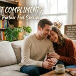 A cozy, warm-toned indoor scene of a happy young couple sitting together on a light gray sofa, sharing a sweet and laughing moment. The woman, wearing a rust-colored sweater, leans her head affectionately against the man's shoulder while holding a mug. The man, in a cream-colored knit sweater, smiles warmly while holding her hand. In the top-left corner, elegant stylized text displays the focus keyword, reading, "Heartfelt Compliments to Make Your Partner Feel Special." The background features a beautifully styled living room with a bookshelf, fairy lights, potted green plants, and framed wall art.