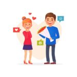 A cartoon illustration of a smiling man presenting a bouquet of flowers to a smiling woman. There are heart icons above the woman and a speech bubble with a smiley face above the man.