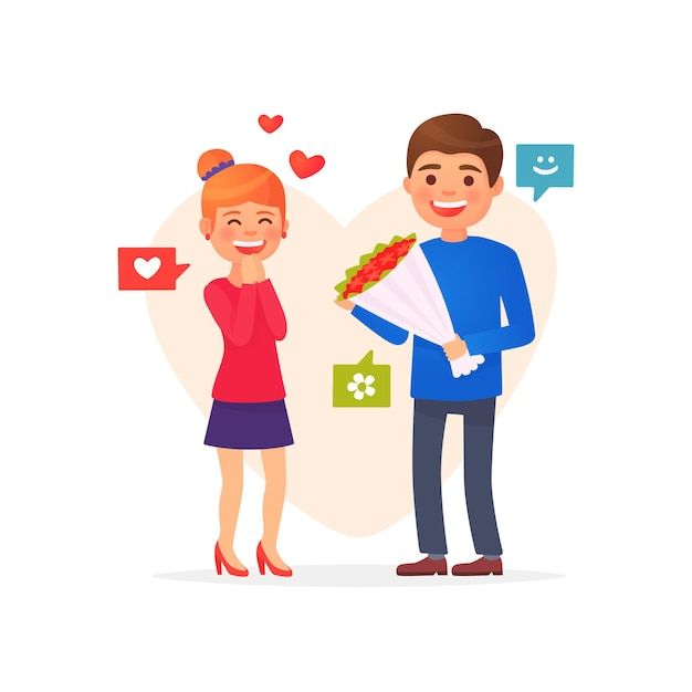 A cartoon illustration of a smiling man presenting a bouquet of flowers to a smiling woman. There are heart icons above the woman and a speech bubble with a smiley face above the man.