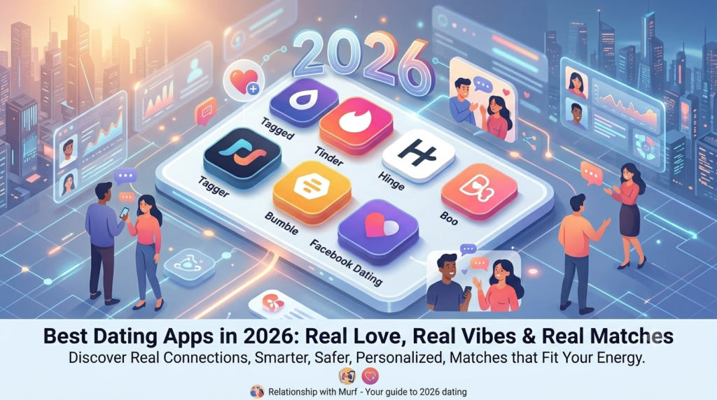 A graphic titled "BEST DATING APPS IN 2025" lists several dating apps including Tagged, Tinder, Hinge, Bumble, Boo, and Facebook Dating