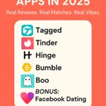 A graphic titled "BEST DATING APPS IN 2025" lists several dating apps including Tagged, Tinder, Hinge, Bumble, Boo, and Facebook Dating