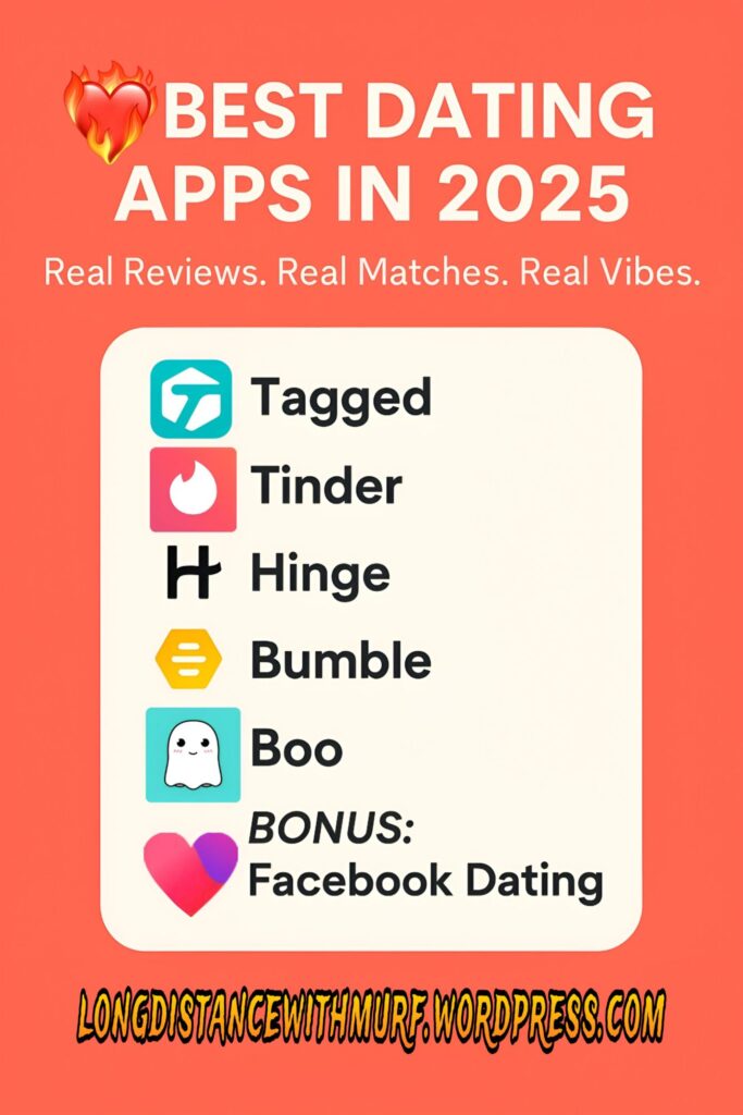 A graphic titled "BEST DATING APPS IN 2025" lists several dating apps including Tagged, Tinder, Hinge, Bumble, Boo, and Facebook Dating