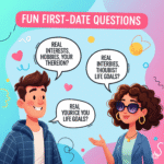 An animated illustration featuring two people, a man and a woman, engaged in a conversation with speech bubbles above their heads. The man, with brown hair and a blue patterned hoodie, smiles as he looks towards the woman. The woman, with curly brown hair, sunglasses, and a blue blazer, gestures with her hand. he top of the image has a pink banner with the white text 'FUN FIRST-DATE QUESTIONS