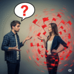 A perplexed man with a question mark speech bubble talks to an arrogant woman surrounded by red flag symbols, representing relationship warning signs and potential danger.
