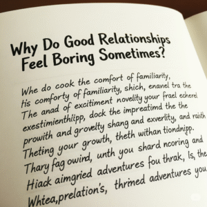A close-up of a journal page with the title 'Why Do Good Relationships Feel Boring Sometimes?' written in bold black letters at the top, followed by handwritten notes