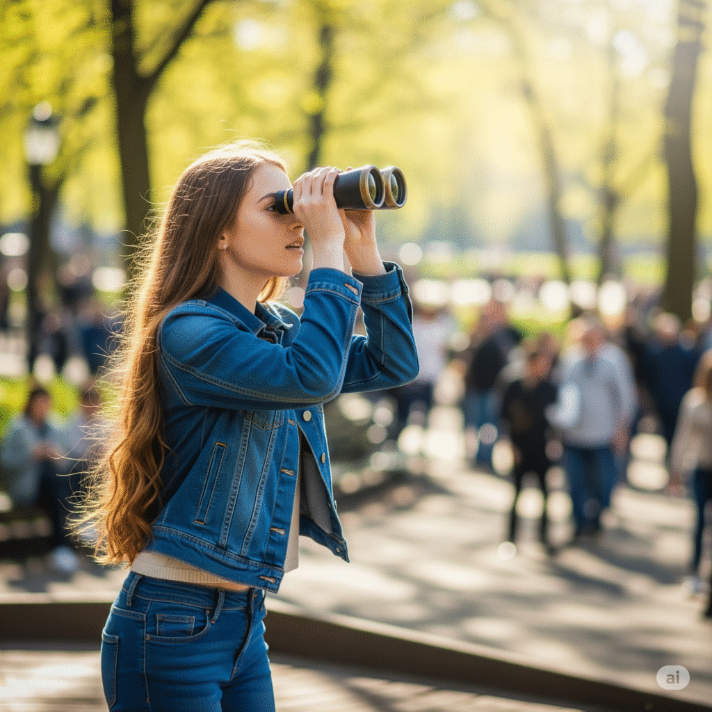 A young woman with long, flowing auburn hair and a denim jacket intently looks through binoculars in a bustling city park, symbolizing the active search for a good man in 2025.