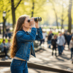 A young woman with long, flowing auburn hair and a denim jacket intently looks through binoculars in a bustling city park, symbolizing the active search for a good man in 2025.