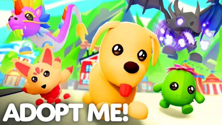A colorful and vibrant close-up shot of several popular pets from the Roblox game, Adopt Me!. The central focus is a cute, light-yellow dog with a pink tongue sticking out, surrounded by other fantastical pets including a flying pink and purple unicorn-like dragon, a fiery red fox, and a small, green cactus creature with a pink flower on its head. In the background, the colorful and whimsical landscape of the Adopt Me! world is visible, with cartoon-style houses and amusement park tents. The image highlights the collaborative and playful nature of the game, making it an excellent visual for a blog post on couples' Roblox games.