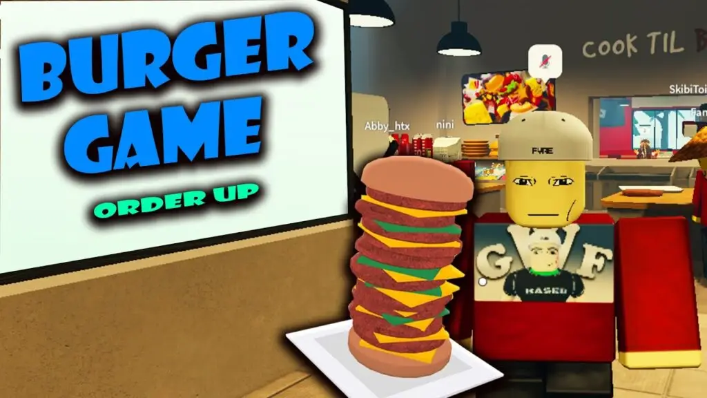 
A Roblox avatar with a blank expression stands next to an impossibly tall, multi-patty cheeseburger on a plate in a game called Burger Game. The avatar is wearing a red shirt with a logo and a backwards white baseball cap. In the background, the interior of a fast-food restaurant is visible, with a counter and other avatars. The image creatively captures the fun and silly cooperative nature of the game, making it a fitting visual for a blog post on couples' Roblox games.