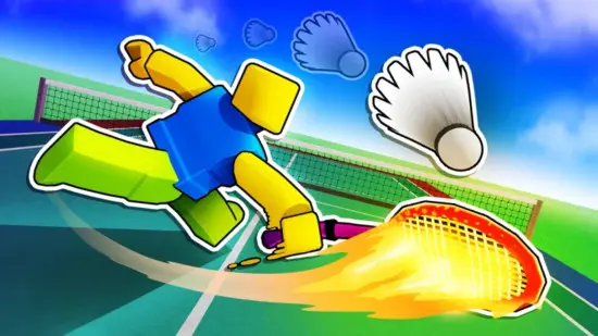 A dynamic and colorful depiction of a Roblox avatar engaged in a tennis match within the game Racket Rivals. The iconic block-like character, wearing a blue shirt and green pants, is mid-air, swinging a tennis racket that is engulfed in bright orange flames, suggesting a powerful shot. A large shuttlecock, with motion lines, flies across the court toward the viewer. The background features a green tennis court and a net, under a vibrant blue sky with fluffy white clouds. This energetic image perfectly captures the competitive and fun spirit of Roblox sports games for couples.