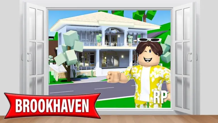 A Roblox character wearing yellow and white stands in front of a large modern house, seen through an open window. The words “BROOKHAVEN” and RP are displayed on the image.