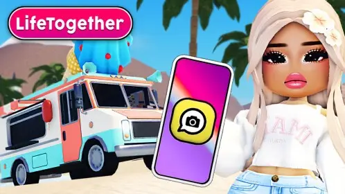 The Roblox game LifeTogether, featuring a female avatar with long blonde hair, an ice cream truck, and a smartphone displaying a chat/camera app icon. It's a social role-playing game where players can create lives and interact