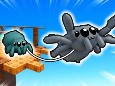 Two cute, cartoon-style spiders with big eyes are connected by a string. They appear to be moving through a bright, blue sky with animated platforms in the background.