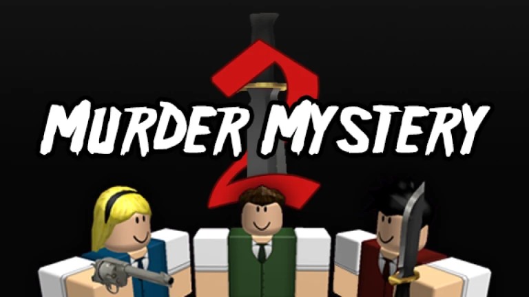Three Roblox-style characters stand below the text Murder Mystery 2 with one holding a gun and another holding a knife. A large red number 2 and a knife appear in the background. The background is black.
