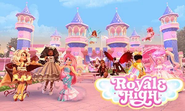 
A vibrant and fantastical image of the main castle from the Roblox game Royale High. The massive structure is a whimsical, multi-tiered pink and blue castle with numerous turrets and intricate details. A cobblestone path leads over a bridge toward the castle's entrance, surrounded by shimmering water with a waterfall cascading down the side of a cliff. A large, sparkling fountain is visible in the courtyard. The dreamy, fairy-tale setting of the image makes it a great visual for a blog post on Roblox games for couples.