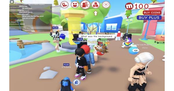 A vibrant screenshot from the Roblox game, MeepCity, showing multiple player avatars interacting in a lively outdoor town square. Various colorful avatars are visible, some walking, others in conversations indicated by chat bubbles. The background features bright, cartoonish buildings, green landscapes, and a small body of water. The overall scene captures the social and interactive nature of the game, making it an engaging visual for a blog post on Roblox games for couples.