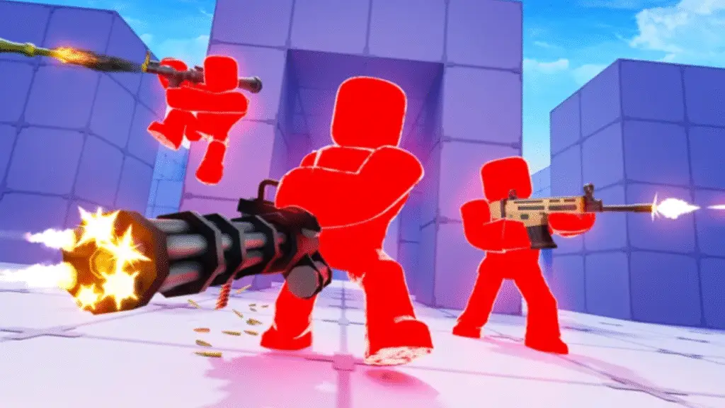 A vibrant screenshot from the Roblox game "Rivals," featuring three red, blocky-style avatars in action. The central character wields a large, firing minigun with bright muzzle flashes and spent casings flying, while a character to the right shoots a tan assault rifle. A third character on the left, also firing, appears to be mid-air. The background consists of a bright blue sky and large, purple-blue geometric structures, creating a dynamic and colorful scene. The alt text for this image would be "A high-octane scene from the Roblox game 'Rivals,' showing three red avatars engaged in a firefight with a minigun and assault rifles. The image captures the dynamic action and vibrant, blocky art style of a top Roblox shooter game