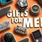 A vibrant thumbnail image with the title "Gifts for Men" centered on a bright orange background, surrounded by an assortment of popular gadgets and unique **gift ideas**. Visible items include a black tactical **knife**, a gaming handheld console, a Mario Kart toy, a digital safe, playing cards, a wristwatch, and various other cool gadgets for men.
