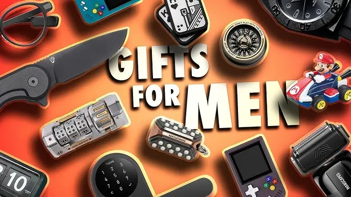 A vibrant thumbnail image with the title "Gifts for Men" centered on a bright orange background, surrounded by an assortment of popular gadgets and unique **gift ideas**. Visible items include a black tactical **knife**, a gaming handheld console, a Mario Kart toy, a digital safe, playing cards, a wristwatch, and various other cool gadgets for men.