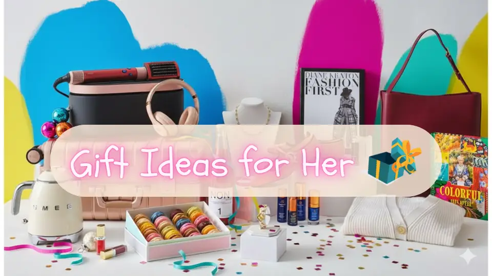 Colorful flat lay showing the best gift ideas for women, including a red purse, pink headphones, makeup, and a Smeg kitchen mixer, perfect for every occasion gift guide