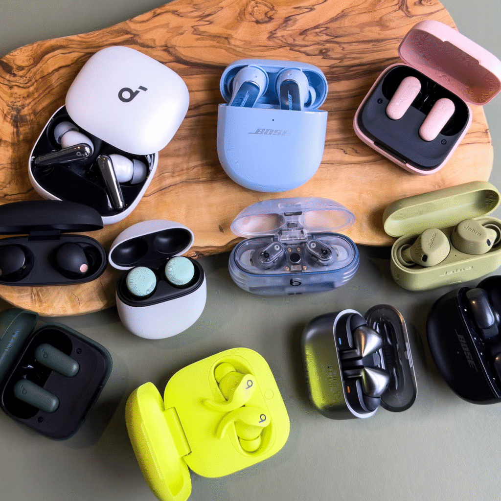 A collection of various wireless earbuds in charging cases, displayed on a rustic wooden cutting board. The earbuds come in diverse colors including white, blue, black, pink, clear, and olive green, showcasing popular tech accessories suitable as modern gift ideas for men who value portable audio and convenience.