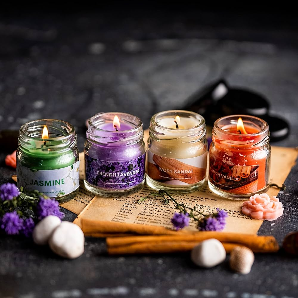 Four scented candles (Jasmine, French Lavender, Ivory Sandal, Warm Vanilla) displayed as one of the best gift ideas for women for relaxation and self-care