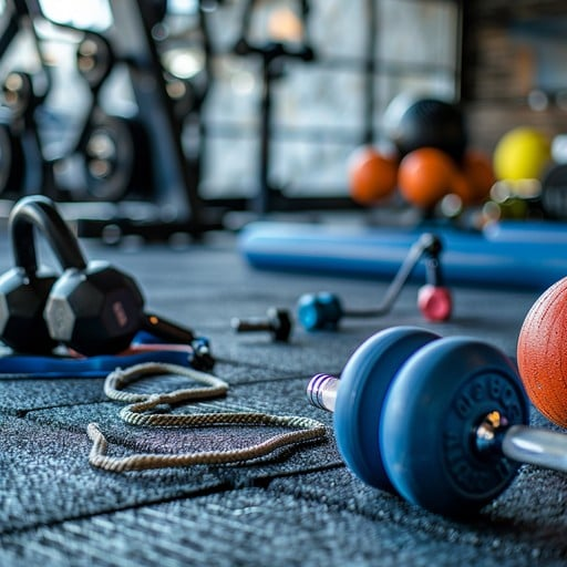 A detailed close-up of fitness gear and home gym equipment on a dark gym floor or exercise mat, perfect as gifts for active men. Visible items include a blue **dumbbell**, a black kettlebell, resistance bands, a yoga mat, and medicine balls, representing a great selection of workout accessories.