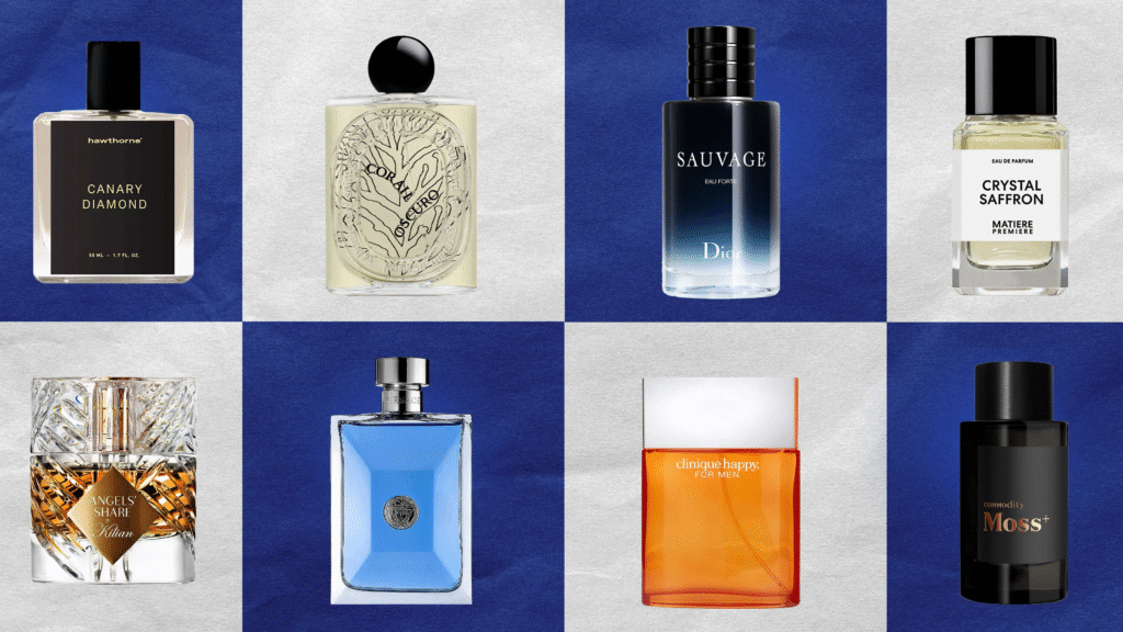 A collage display of eight different luxury cologne bottles, showcasing popular and top-rated designer fragrances for men**. Featured scents include Dior Sauvage with various bottle shapes and colors, representing premium gift ideas for the sophisticated man seeking a new signature scent or stylish grooming product.