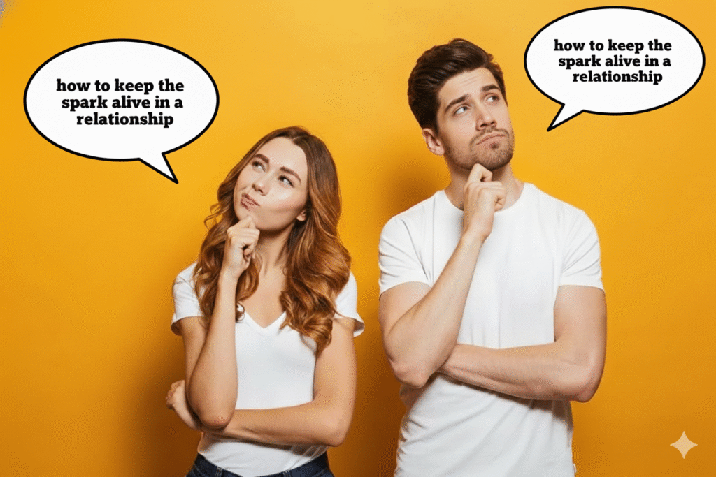 Couple pondering how to keep the relationship exciting and the spark alive. Image for a blog post on relationship tips. A curious couple wondering how to maintain the spark in their relationship.