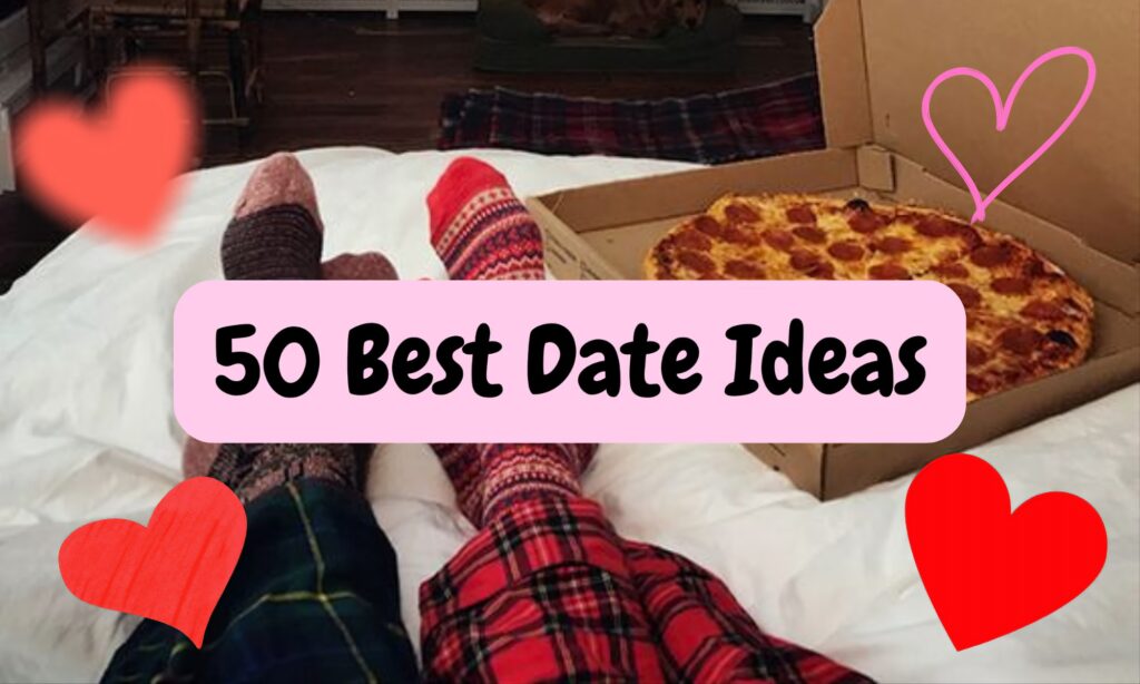 Cozy stay-at-home date night idea. Two people wearing festive red and green patterned socks are lying on a white bed with a large pepperoni pizza in a box beside their feet, ready to eat. A pink banner overlay reads '50 Best Date Ideas'. Red and pink heart emojis decorate the image. This photo illustrates a relaxing, budget-friendly indoor date for couples looking for fun, romantic relationship ideas in 2025.