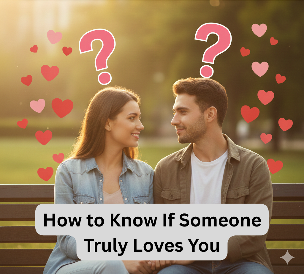 A young couple sitting on a park bench holding hands, with pink question marks above their heads and floating red hearts, titled "How to Know If Someone Truly Loves You."