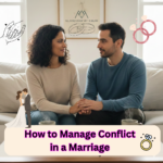 A calm couple holding hands on a sofa, illustrating how to manage conflict in a marriage through healthy communication, trust, and love. The image features the "Relationship with Murf" logo and a title overlay for a blog post on proven strategies for resolving marital disputes.