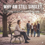 An evocative featured image for a blog post titled 'Why Am I Still Single?'. The photo features a young woman sitting on a wooden park bench, surrounded by fallen pink cherry blossom petals. She appears deep in thought, representing the emotional journey of being single and the quest for finding love in the modern world. In the soft-focus background, two happy couples are seen talking, highlighting the contrast between solitude and romantic companionship. The image is designed to resonate with readers seeking relationship advice, dating tips, and self-reflection on why they haven't found their partner yet
