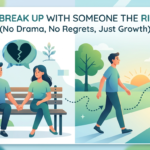 A split-screen illustration titled "How to Break Up With Someone the Right Way." On the left, a couple sits on a park bench holding hands under a broken heart icon. On the right, a person walks toward a doorway labeled "Growth" as the sun rises.