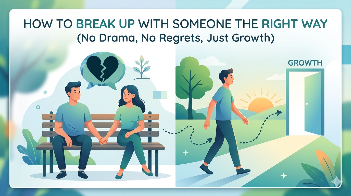 A split-screen illustration titled "How to Break Up With Someone the Right Way." On the left, a couple sits on a park bench holding hands under a broken heart icon. On the right, a person walks toward a doorway labeled "Growth" as the sun rises.