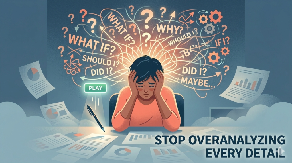 An illustration for a blog post titled "How to Accept Rejection Without Losing Your Confidence," showing a person sitting at a desk with their head in their hands, surrounded by chaotic thought bubbles like "What if?", "Should I?", and "Did I?". The text on the image reads "Stop Overanalyzing Every Detail."