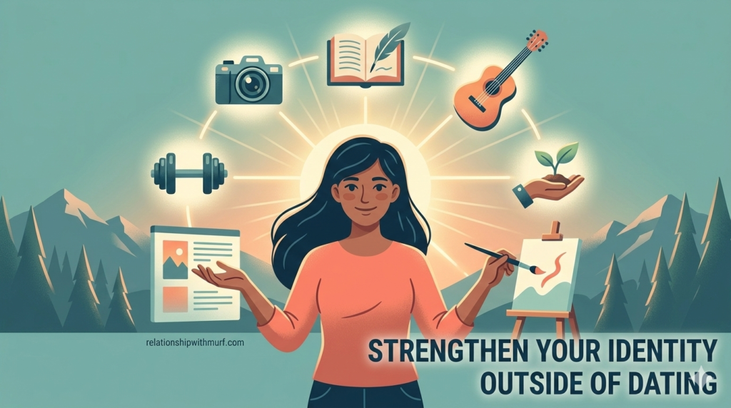 An inspiring illustration for the blog post "How to Accept Rejection Without Losing Your Confidence," featuring a person surrounded by icons representing different hobbies and interests like photography, fitness, music, and art. The text overlay reads, "Strengthen Your Identity Outside of Dating."