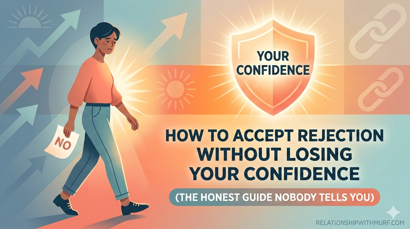 An illustration for a blog post titled "How to Accept Rejection Without Losing Your Confidence," showing a person sitting at a desk with their head in their hands, surrounded by chaotic thought bubbles like "What if?", "Should I?", and "Did I?". The text on the image reads "Stop Overanalyzing Every Detail."