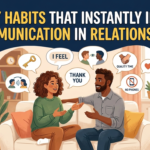 An illustration for a blog post titled "15 TINY HABITS THAT INSTANTLY IMPROVE COMMUNICATION IN RELATIONSHIPS." The image shows a diverse couple sitting comfortably on a sofa in a bright, cozy living room, engaged in a positive conversation. Above them, several speech and thought bubbles contain icons and phrases representing healthy habits, such as a "THANK YOU" bubble, an "I FEEL" bubble, a gold key icon, "QUALITY TIME" with holding hands, and a "NO PHONES" symbol. The style is clean and modern, using a warm color palette of blues, oranges, and greens.