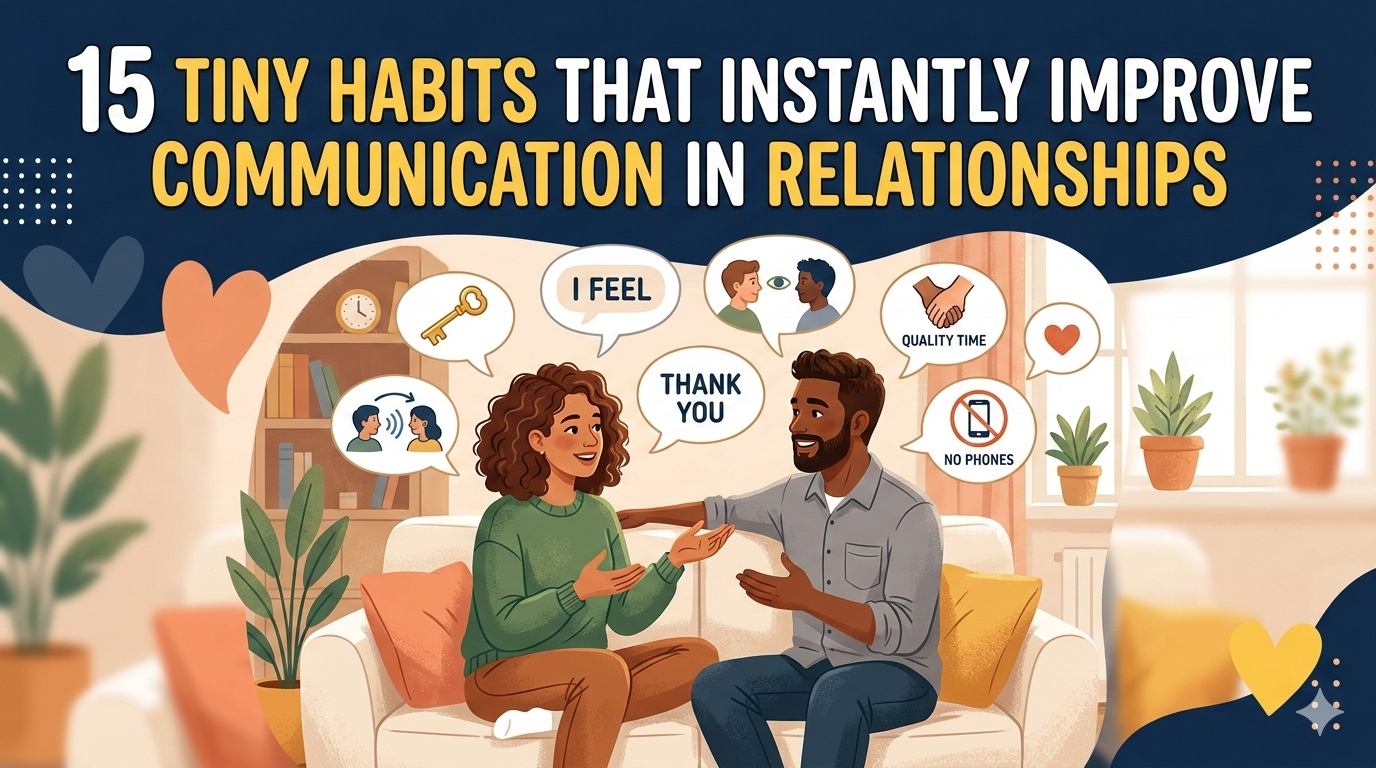 An illustration for a blog post titled "15 TINY HABITS THAT INSTANTLY IMPROVE COMMUNICATION IN RELATIONSHIPS." The image shows a diverse couple sitting comfortably on a sofa in a bright, cozy living room, engaged in a positive conversation. Above them, several speech and thought bubbles contain icons and phrases representing healthy habits, such as a "THANK YOU" bubble, an "I FEEL" bubble, a gold key icon, "QUALITY TIME" with holding hands, and a "NO PHONES" symbol. The style is clean and modern, using a warm color palette of blues, oranges, and greens.