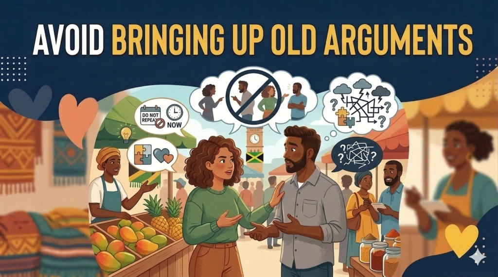 Gemini said
Healthy relationship communication illustration titled "Avoid Bringing Up Old Arguments." A diverse couple practices active listening and conflict resolution in a vibrant setting. Thought bubbles feature SEO-friendly icons like a "Do Not Repeat" calendar, a "Now" clock for mindfulness, and heart-shaped puzzle pieces symbolizing emotional intelligence. This visual guide highlights tips for letting go of past mistakes and improving communication in a relationship to build trust and long-term love.