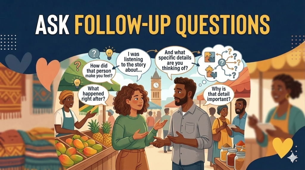 An illustration for a blog post titled "ASK FOLLOW-UP QUESTIONS." The scene features a man and a woman in a vibrant outdoor market setting, surrounded by stalls of fresh mangoes and pineapples. They are engaged in an active conversation, with several speech bubbles above them illustrating the concept of deeper inquiry. The bubbles contain questions like "How did that person make you feel?", "What happened right after?", and "Why is that detail important?", along with icons of lightbulbs, question marks, and puzzle pieces. In the background, other shoppers and a clock tower are visible under a bright sky. The style is modern and colorful, maintaining a consistent aesthetic with the previous images.