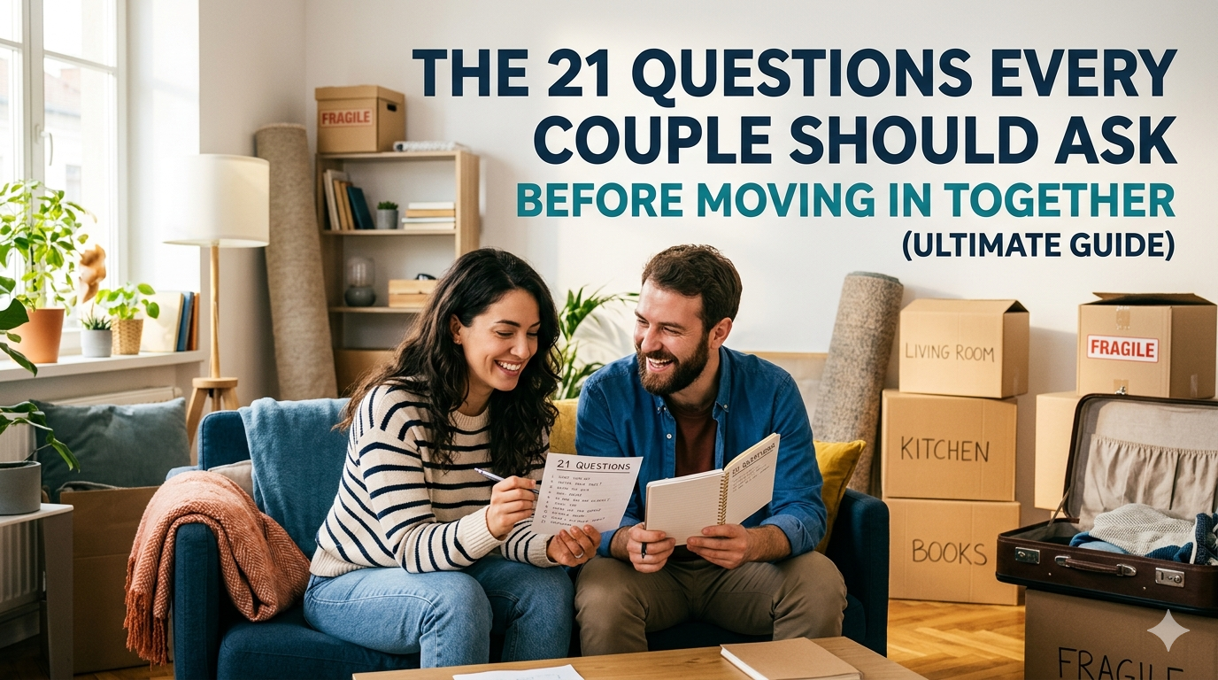 A young, smiling couple sits on a sofa in a bright living room surrounded by cardboard moving boxes. They are looking at a checklist titled "21 Questions" while holding a notebook, appearing to have a positive conversation. The text overlay reads: "The 21 Questions Every Couple Should Ask Before Moving In Together (Ultimate Guide).