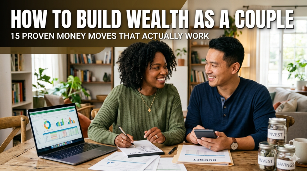 A smiling young couple sitting at a wooden table working on their finances together. The woman is writing in a notebook while the man holds a calculator, with a laptop displaying financial charts, budget documents, and glass jars labeled "Invest" and "Savings" nearby. The image features a text overlay that reads: "HOW TO BUILD WEALTH AS A COUPLE: 15 PROVEN MONEY MOVES THAT ACTUALLY WORK.