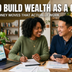 A smiling young couple sitting at a wooden table working on their finances together. The woman is writing in a notebook while the man holds a calculator, with a laptop displaying financial charts, budget documents, and glass jars labeled "Invest" and "Savings" nearby. The image features a text overlay that reads: "HOW TO BUILD WEALTH AS A COUPLE: 15 PROVEN MONEY MOVES THAT ACTUALLY WORK.