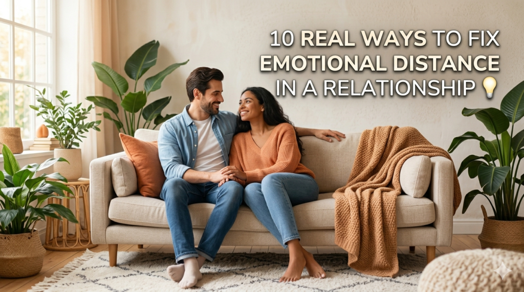 A happy, diverse couple is sitting close together and smiling at each other on a couch, surrounded by houseplants in a cozy living room. The text overlay reads, '10 REAL WAYS TO FIX EMOTIONAL DISTANCE IN A RELATIONSHIP 💡'. This image illustrates successful tips for reconnecting with your partner and building relationship intimacy.